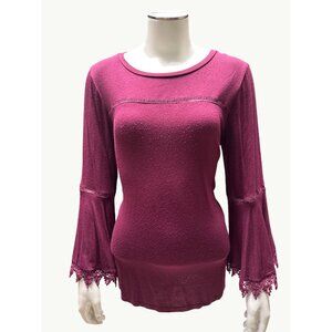 Coverstitched Burgundy Lace Trim Bell Sleeve Top Size M